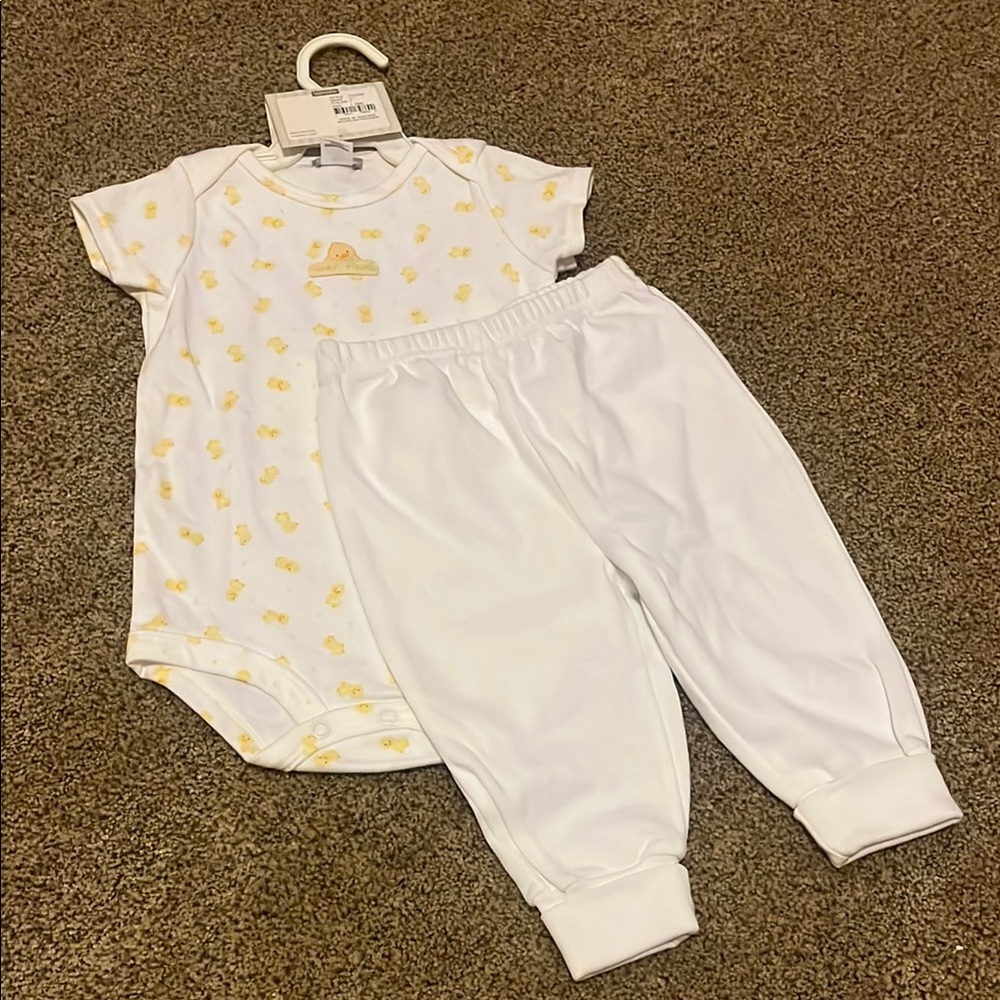 Yellow Ducky Baby Onesie and White Pants Set